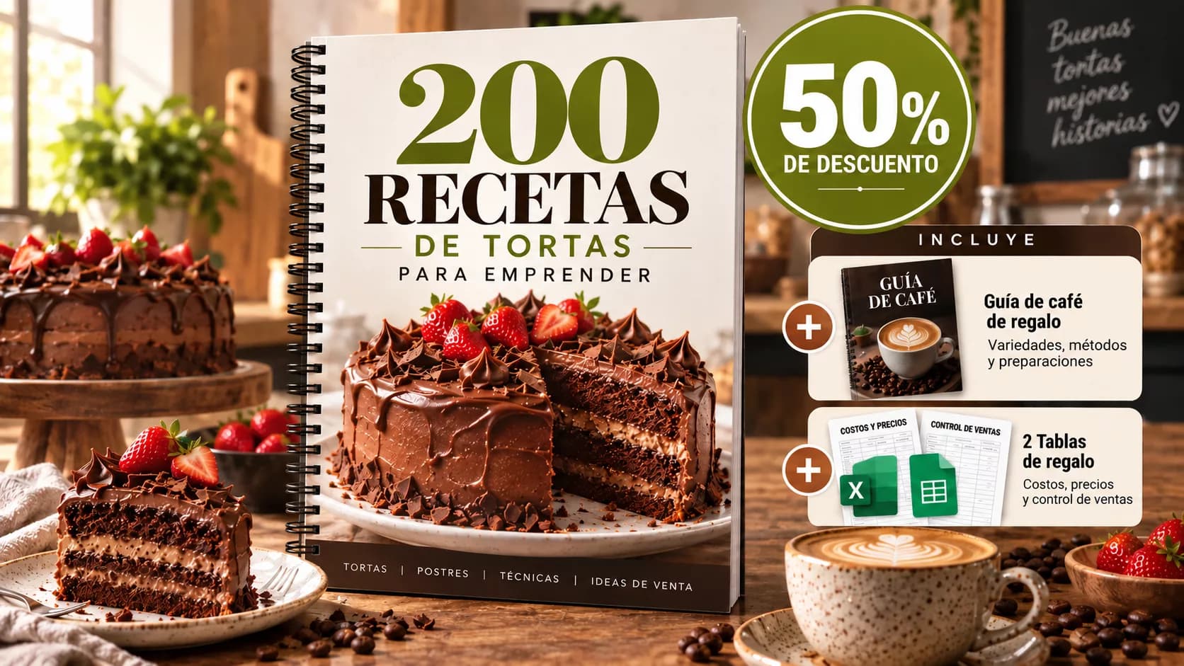 El recetario 200 recetas de tortas para emprender, con 50% de descuento. Incluye de regalo una guía de café y 2 tablas de costos, precios y control de ventas